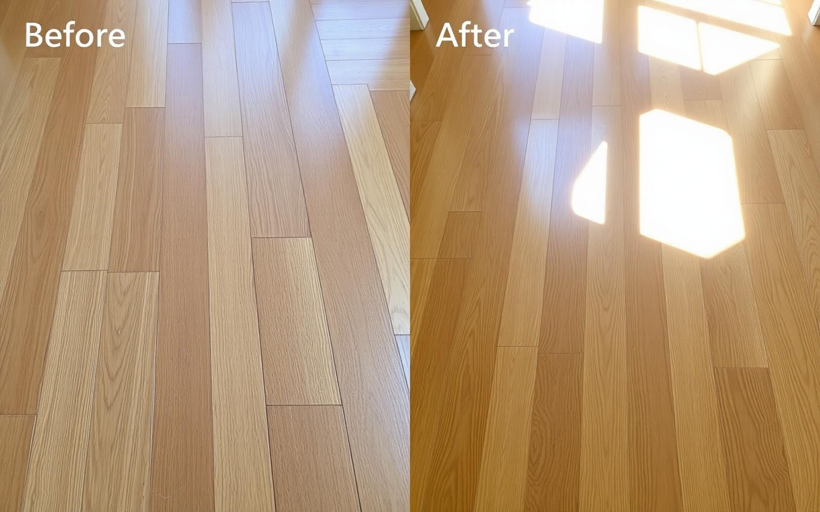Hardwood floor refinishing: dull on the left, freshly recoated on the right