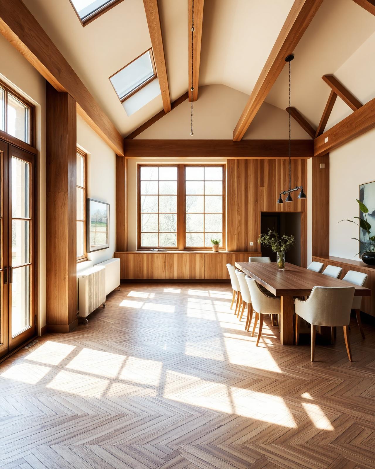 Vaulted dining room with herringbone oak floor