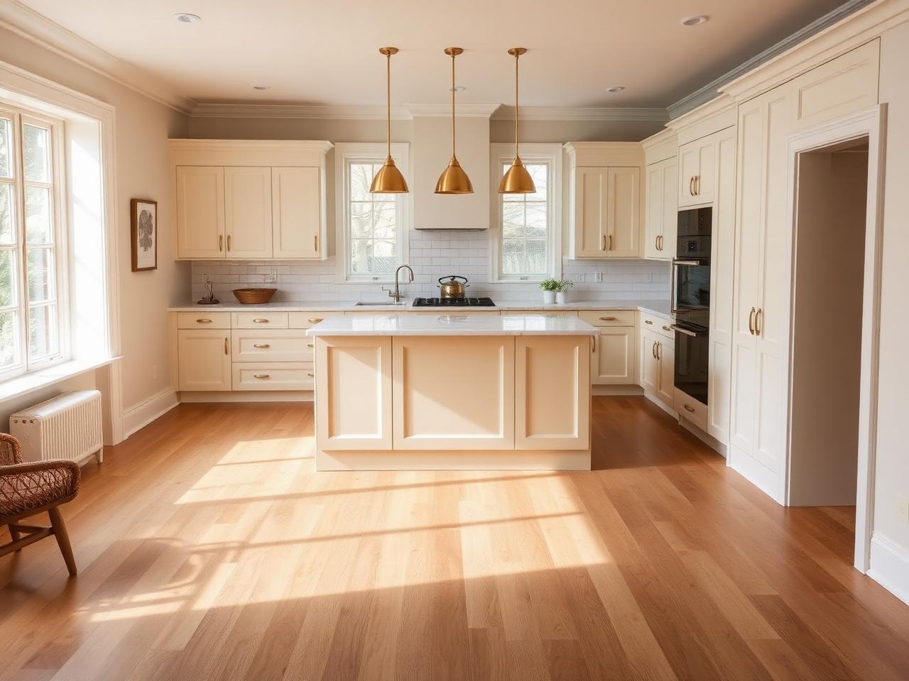 Bright kitchen with wide-plank oak floor