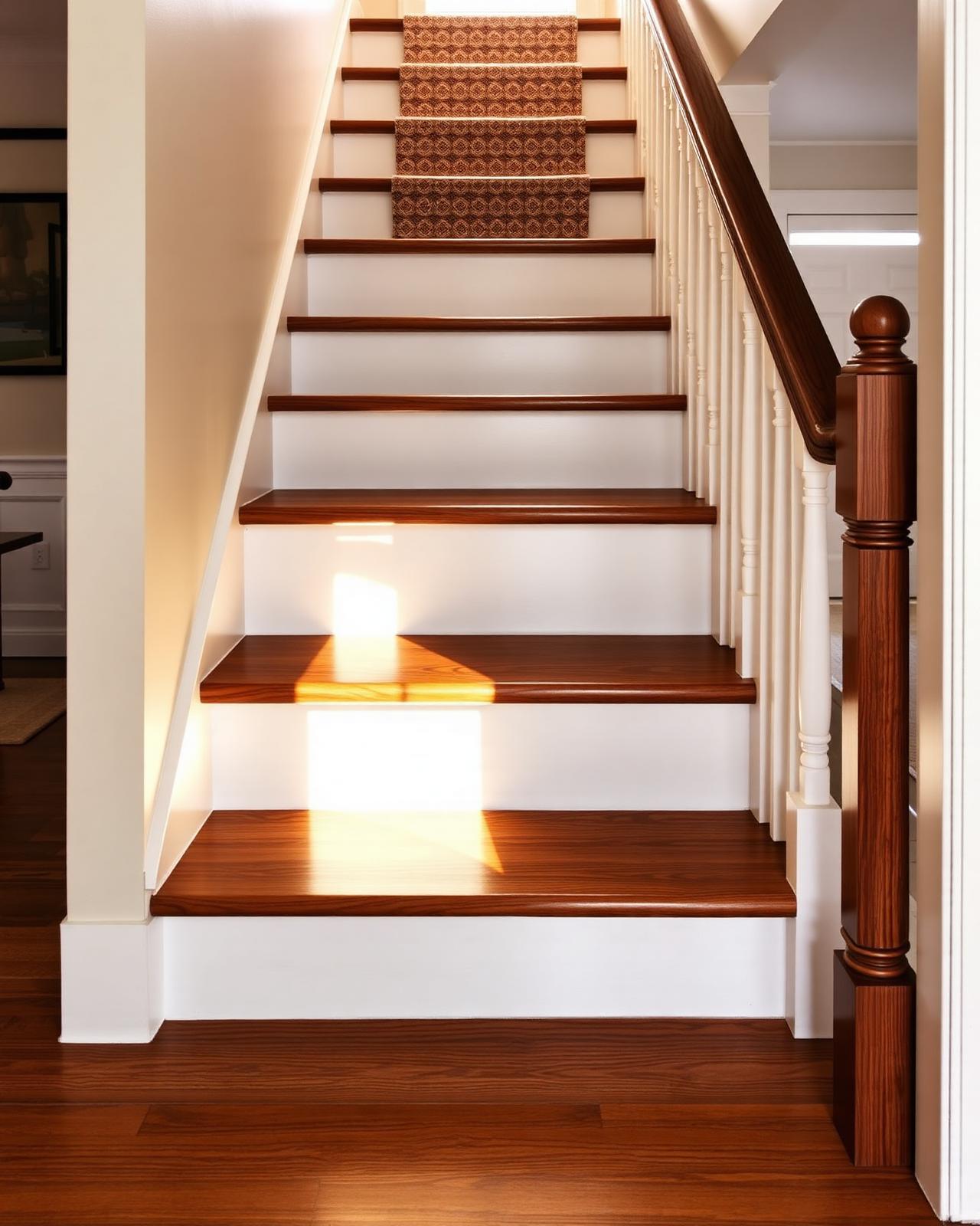 Refinished walnut staircase with white risers