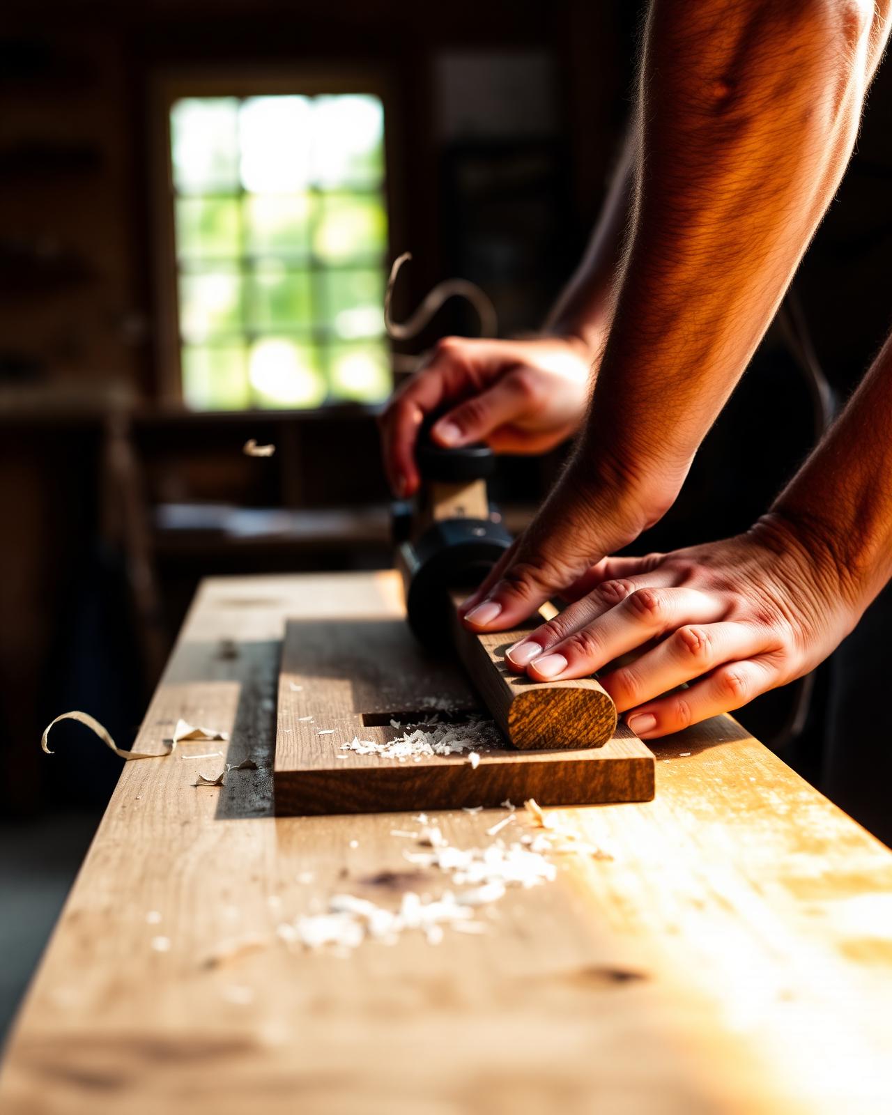 Craftsman planing a walnut board in our Brockville workshop